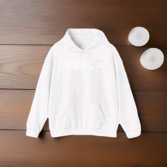 TESLA 3D Mens Wordmark Pullover Hoodie White Long Sleeve Zip Pockets Elon NOWT